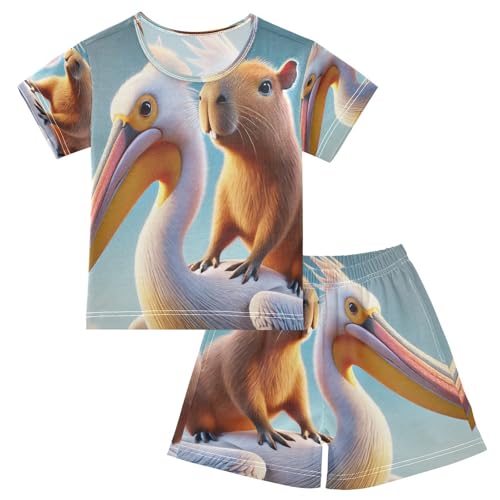 Capybara Pelican Pajama Set Short Sleeve PJ Set Cotton Summer Pajamas Sleepwear Soft 5Y