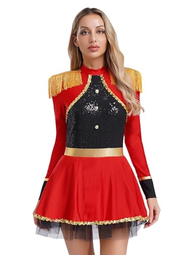 Oyolan Disfraz De Domador De Leones Con Borlas Para Mujer Vestido Tutú Manga Larga Con Lentejuelas Con Flecos Disfraces De Cosplay De Circo Rojo XXL
