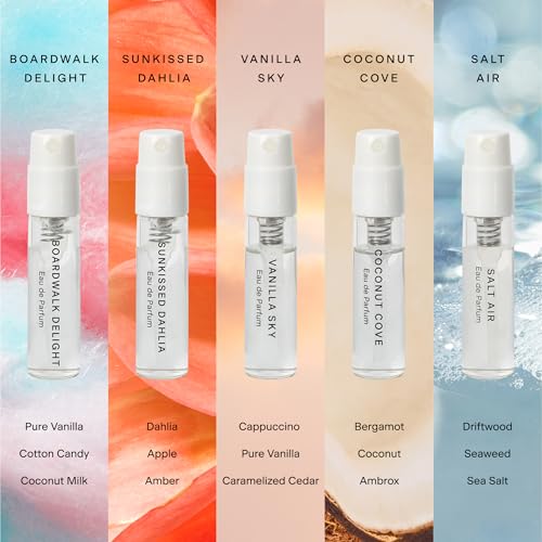 skylar perfume discovery spray sampler set - boardwalk delight sunkissed dahlia vanilla sky salt air coconut cove - hypoallergenic amp clean perfume for women amp men - 5 15ml