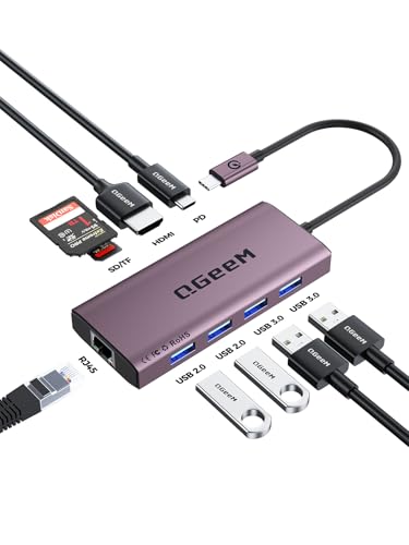 QGeeM USB C Hub Ethernet 9 in 1 USB Type C Hub HDMI Multi-Port Converter Adapter 100W Pd USB 3.0 SD/TF Card Reader Compatible for MacBook Pro Air Ipad HP Dell Lenovo Chromebook etc.-Violet