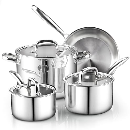 Cook N Home Tri-Ply Clad Stainless Steel Pots and Pans Cookware Set 7-Piece, with Saucepan, Fry Pan, Stockpot