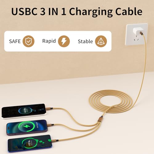 Image of IDISON USB C Multi Charging Cable [2Pack 4FT], 3 in 1 Charging Cable Nylon Braided USB-C Multiple Charger Cord with Type-C, Micro USB and IP Port for Cell Phones and More (Golden)