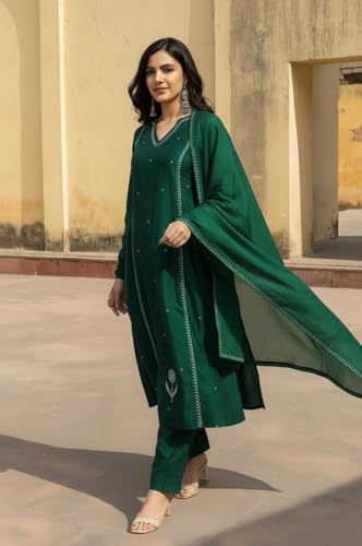 Image of ANNI Designer Women Ethnic Kurta Pant Set Rayon Viscose Straight Fit Solid Embroidered Dupatta Traditional Indian Wear Outfit Suitable Casual Festive Office Styling