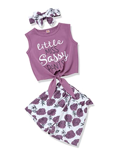 Image of Hipea Toddler Girl Outfits Floral Tops Sleeveless Tank Tops Shorts Headband Summer Clothes Set