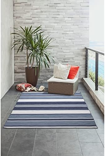 Liora Manne Sorrento Indoor/Outdoor Hand Woven Polyester Handmade Area Rug - Transitional Geometric Casual Colorful (Boat Stripe Navy) (3'6" x 5'6")