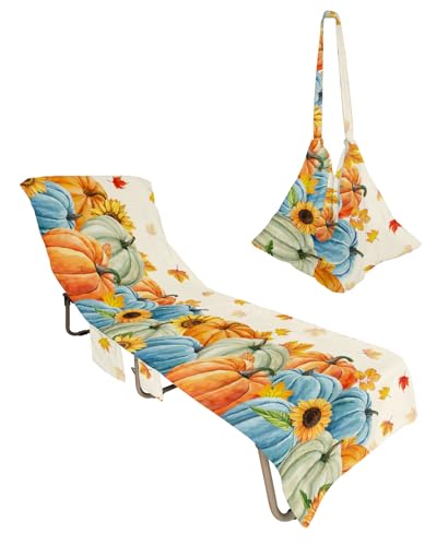 Thanksgiving Fall Beach Chair Towel Covers for Chaise Lounge with Side Pocket, Soft Plush Pool Towels Cover for Patio Sunbathing Outdoor 29''x85'' Colored Pumpkins Maple Leaves