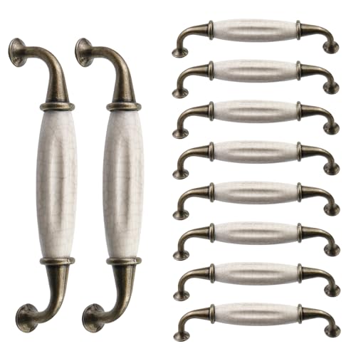 FarBoat 10Pcs Cabinet Handles Ceramic Pulls Antique Funiture Hardware for Dresser Closet Cupboard Drawer Door with Mounting Screws (Bronze/White, Hole Centre 128mm/5inch)