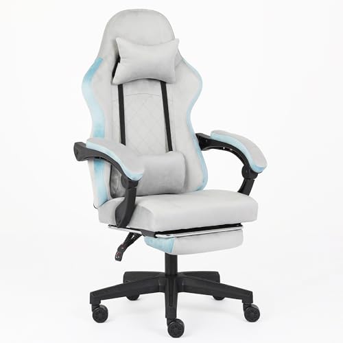 AUNEK Silla ergonómica para videojuegos con reposapiés, silla reclinable de 140° con respaldo alto con soporte lumbar y cuello para adultos, silla de oficina giratoria con tela de franela de altura