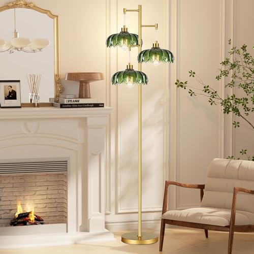 Image of QIYIZM Glass Floor Lamp for Living Room,Bedroom,Mid Century Modern Standing Lamp Brass Tree 3 Light Tall Floor Lamps Vintage Retro Floor Lights Gold Green Flower Lamp Shade Farmhouse Boho Bohemian
