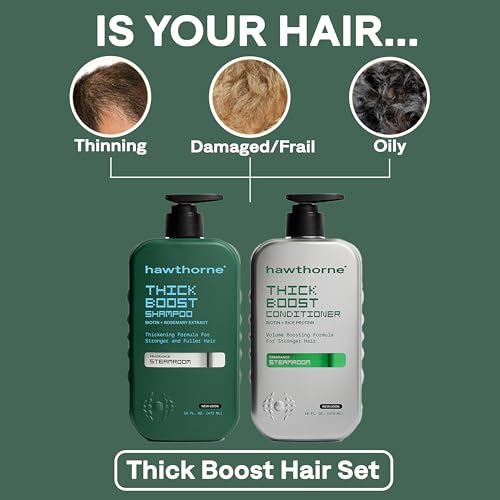 Image of Hawthorne Thick Boost Shampoo and Conditioner Set. Men's Thickening Shampoo and Conditioner Set with Biotin, Rice Protein, Saw Palmetto, and Vitamin E. Sulfate Free, Paraben Free. 16 Fl Oz Each.