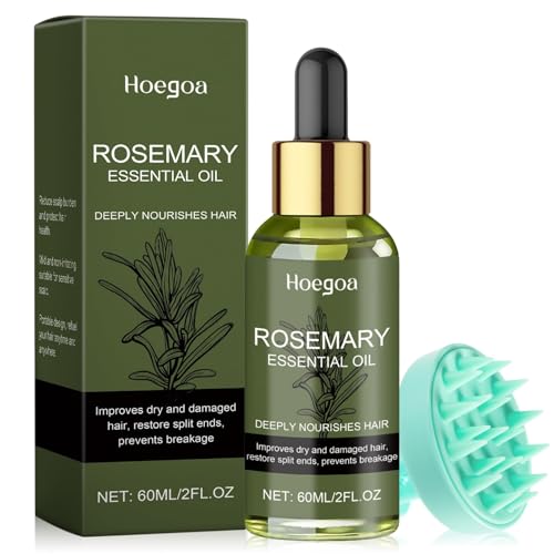 Huile de Romarin pour Cheveux 60ml avec Masseur du Cuir Chevelu 100% Pure Huile Essentielle Romarin Huile Capillaire Tonique au Romarin pour Soin du Cuir Chevelu Cuir Chevelu Sec