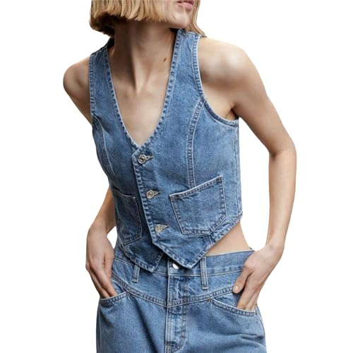 Raruxxin Women Y2K Denim Vest Sexy Sleeveless Button Down Jean Vest Crop Top Waistcoat Tank Corset Bustier Vintage Streetwear