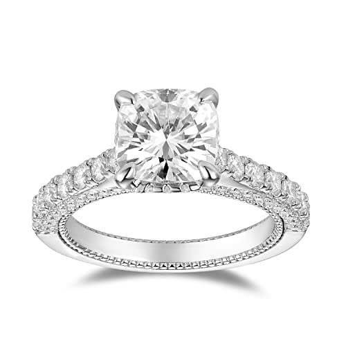 DovEggs Moissanite Engagement Rings for Women 2ct 7.5x7.5mm G-H-I Color Cushion Lab Created Diamond Moissanite Hidden Halo Wedding Rings 14k Gold Quality Sterling Silver - Main Image