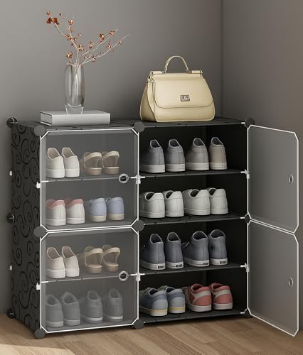 Image of AYSIS 𝟖 𝐒𝐡𝐞𝐥𝐟 DIY Shoe Rack Box Organizer | Multi-Purpose Plastic Shoe Rack for Home | Home Storage Rack with Door for Entryway, Chappal Slipper Sandals Shoe Stand【Black, 8-Shelf-Hz-Door】