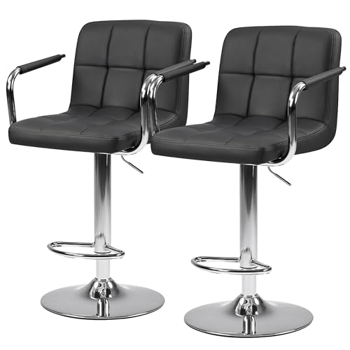 Image of HealSmart Bar Stools Set of 2, Adjustable Swivel Bar Chairs with Cushioned Armrests & Ergonomic Backrest, Water-Resistant PU Leather for Kitchen Island Counter Pub Dining Room, Black