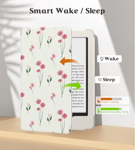 Image of MoKo Case Fits All-New 6 inch E-Reader(11th Gen, 2024 /2022)(10 /8th Gen,2019 /2016),Ultra Lightweight PU Shell Cover with Auto Wake /Sleep for Ebook 2024,Not for Kobo Aura 2 /Remarkable, Pink Little Flowers