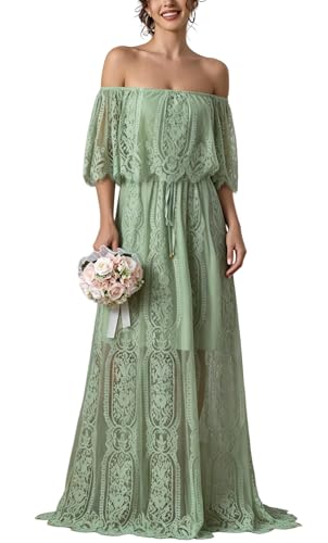 Image of HOYISHION Women's Off The Shoulder Floral Lace Maxi Dress White Bridesmaid Wedding Party Maternity Photoshoot Long Dresses