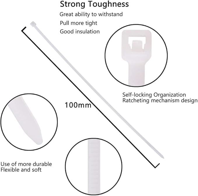 Image of bvslf 100 MM x 2.5 MM | 1000 PCS | Small Cable Ties Clear White Mini Thin Cable Ties, Plastic Zip Ties, 4 Inch Nylon Self Locking Anti-Slip Tie Wraps for Household Office Garden