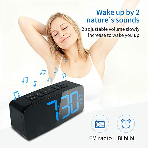 PINGKO Digital Alarm Clock with FM Radio-Large Smart LED Display, Snooze Function,Adjustable Brightness -Small and Light for Travel,Desk or Bedroom (Black)