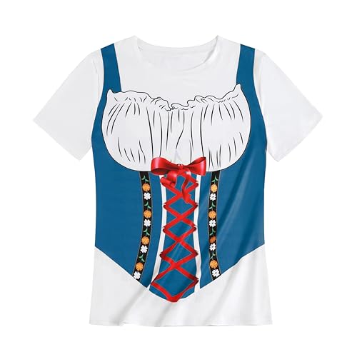 GRAJTCIN Short Sleeve Novelty Bavarian Oktoberfest T-Shirt German Bavarian Beer Festival Printed Costumes for Women (Large,Blue)
