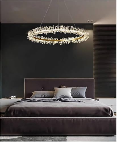 Lustre à LED suspendu géométrique à anneau en cristal pour grand salon