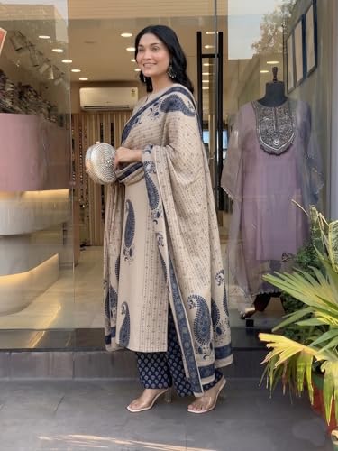 Image of Nermosa Women's Pure Viscose Block Printed Ethnic Wear Straight Kurta Set with Palazzo Pants & Dupatta | Kurta Set for Women | 3 Piece Set