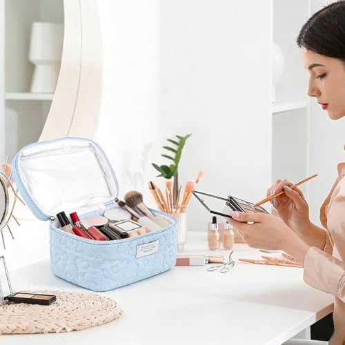 Image of MAYCREATE Quilted Makeup Pouch Bag Cosmetic Makeup Organisers Travel Bag for Woman, Soft Zip-up Toiletry Organizer Pouch with Handle for Skincare, Beauty Essentials & Toiletries, 24x16x15cm