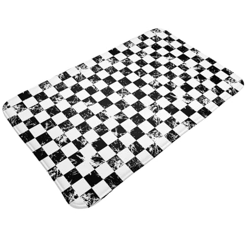 TZTTZT Tappeto da bagno con stampa a scacchi neri e bianchi, 76 x 50 cm, assorbente, antiscivolo, lavabile in lavatrice, tappetino da doccia per bagno