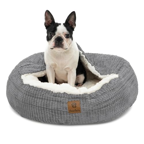 Charlie's Calming Hooded Pet Bed, Dog, Puppy & Cat Luxury Burrowing Cave, Machine Washable, Anti-Anxiety Plush Donut Cuddler Blanket, Round Soft Cozy Padded Nest, Grey, Small 60x60 x 15 m