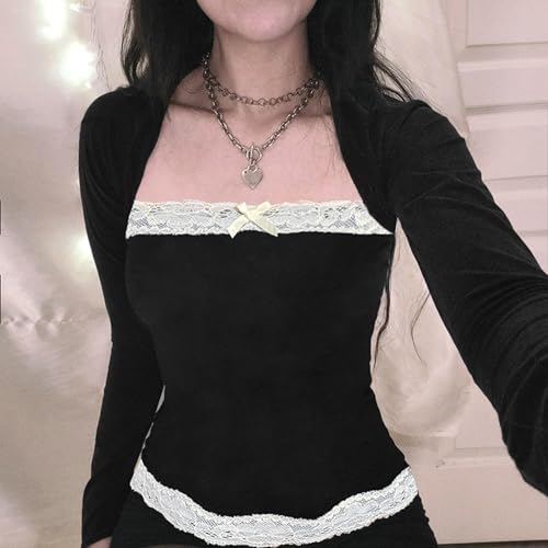 Image of Fairy Grunge Shirts for Women Y2K Tops Long Sleeve Lace Patchwork Tees Teen Girls Vintage Slim Blouse Fall Clothes