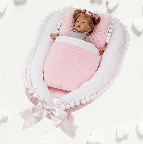 Lafel Cocon bébé élégant et exclusif - cocon décoré d'un ruban guipure et d'un nœud en coton. 5 éléments : cocon, oreiller, couverture, matelas et corps - Couleur Rosa Cover