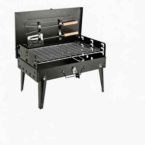 Holzkohlegrill BBQ Grill mit Deckel und Schornstein, Tragbarer Outdoor Campinggrill Smoker mit Doppelter Luftzufuhr, 2 Kohleschalen und Holzgriff für Garten, Terrasse und Picknick