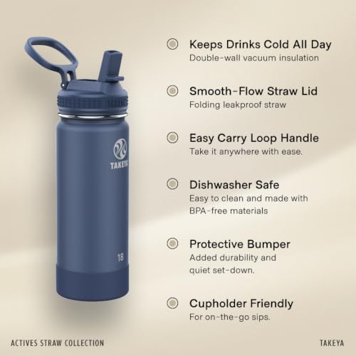 Image of Takeya 18 oz Actives Stainless Steel Water Bottle with Straw Lid - Leakproof, Double-Wall Insulated, Keeps Drinks Cold 24 hrs /Hot 12 hrs, BPA-Free, Powder-Coated, Gym & Travel, Bluestone