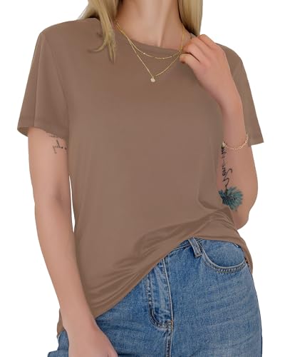 GAYHAY Brown T Shirts for Women - Short Sleeve Spring Summer Tops Soft Basic Tees Beach Vacation Clothes for Casual 2026
