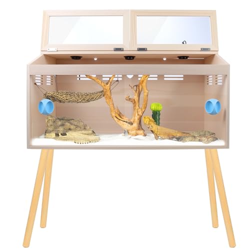 33 Gallon Reptile Terrarium with Stand, Bearded Dragon Tank with Ventilation Holes, Detachable Wood & Acrylic Habitat w/Waterproof Liner & Screwdriver, 32.7' L x 14.5' W x 16.3' H