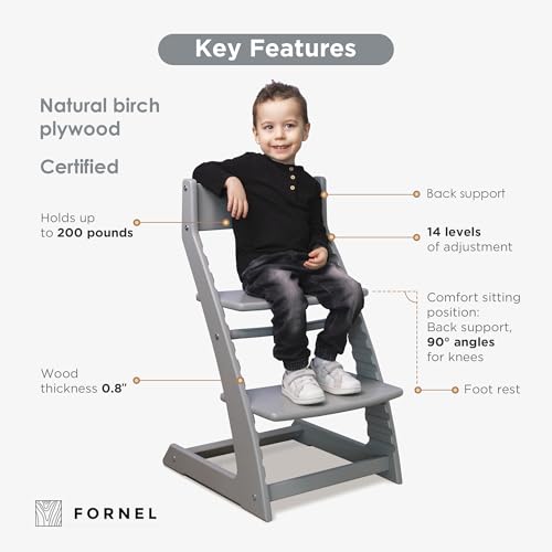 Image of FORNEL Grey Wooden High Chair for Toddlers | The Grow-with-Me Adjustable Chair for Modern Farmhouse & Scandinavian Kitchens | Premium European Style Convertible Seat