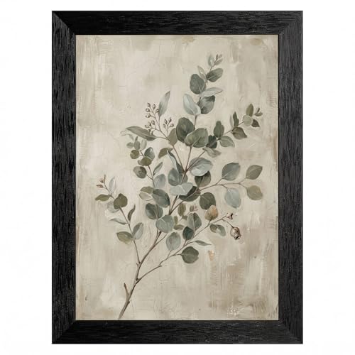 Vintage Botanical Eucalyptus Framed Wall Art - Muted Green and Grey Oil Painting with...