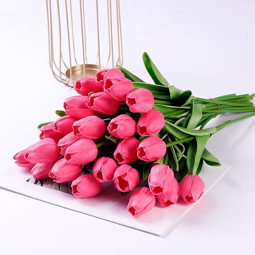 Image of Sggvecsy 30 Pcs Fake Tulips Artificial Flowers Real Touch PU Faux Flowers Tulip Stems for Wedding Spring Bouquet Floral Arrangement Home Party Office Decorations for Mother's Day (Dark Pink)