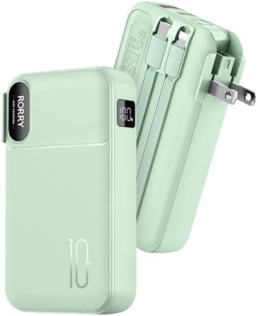 RORRY Portable Charger Built in Cables, AC Wall Plug In Portable Charger Power Bank 10000mAh Travel Battery Pack 22.5W Fast Charging for iPhone 17/16/15 Samsung Galaxy S24/S23/S22 Pixel LG iPad, Green