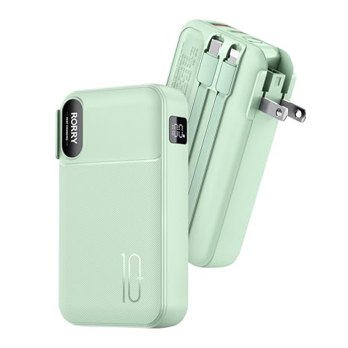 RORRY Portable Charger Built in Cables AC Wall Plug In Portable Charger Power Bank 10000mAh Travel Battery Pack 22.5W Fast Charging for iPhone 17/16/15 Samsung Galaxy S25/S24/S23 Pixel LG iPad Green