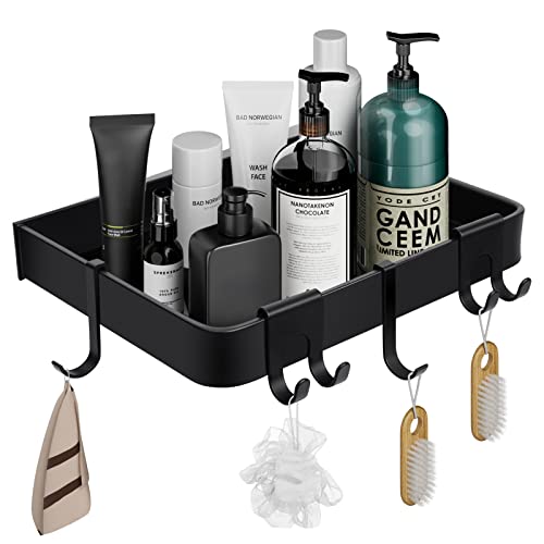 Duschablage ohne Bohren aus Aluminium, Duschregal mit Haken für das Badezimmer, Schampoo Halterung Duschkorb Aufbewahrung für Bad Küche mit 2 Klebeflächen und 4 Haken, 21x 27cm, Schwarz Cover