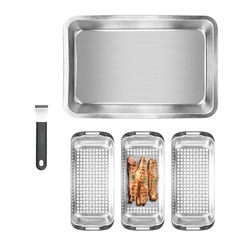 Grill Pans for Outdoor Grill-3 Grilling Baskets|Serving Tray| Clip-on Handle.BBQ Serving Platters with Holes for Grill Fish,Vegetable,Meat and Prep Food Veggie