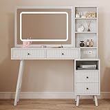 RoyalCraft 48" Fluted Makeup Vanity Desk with 34" Big Mirror and Lights, White Large Vanity Table with Power Outlet and 3 Lighting Colors Touch Control, Modern Wood Dressing Table for Bedroom