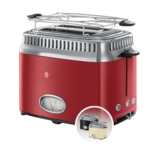Russell Hobbs Tostadora Retro - 2 Ranuras Cortas y Anchas, Tostador para 2 Rebanadas, Bandeja Recogemigas, Calientapanecillos, Función Descongelar, Diseño Vintage, Acero Inoxidable, Rojo - 21680-56