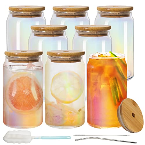 Ruckae Drinking Glasses With Bamboo Lids And Straw, 16Oz 8 Pack Glass Cups,Glass Tumbler With Straw And Lid,Smoothie Cup,Iced Coffee Cup For Beer,Soda,Iced Coffee, Smoothies,Cocktail,Whiskey #TOP5
