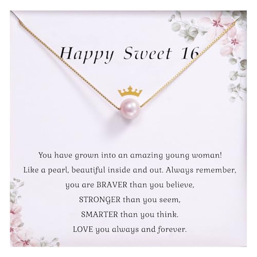 Happy Birthday Jewelry for Women, Minimalist Simple Floating Pink Pearl Necklace Affirmation Gifts for Her