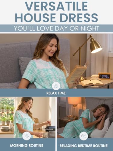 Image of Casual Nights Women's Snap - Front House Dress Short Sleeve Woven Housecoat Duster Lounger Robe with Pockets