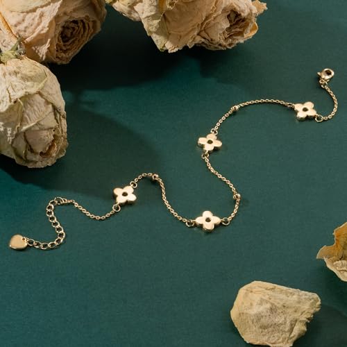 14K Gold Anklets for Women Four-Leaf Clover 14K Gold Ankle Bracelets for Women Golden Jewelry for Womens Anklets Bracelets Romantic Floral Adjustable 9.4+1.6in3