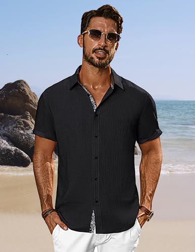 PJ PAUL JONES Men's Button Down Short Sleeve Shirt Casual Summer Beach Textured Wedding Shirts Black — view 2