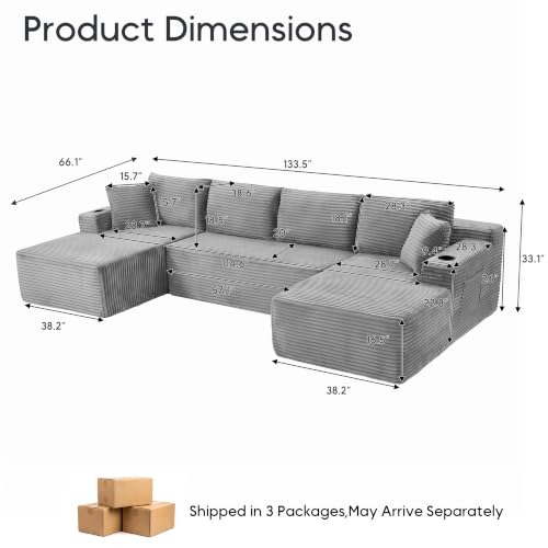 Image of 133 inch U-Shaped Modular Sectional Sofa, Corduroy Boneless Couch, Light Grey | Cloud Luxury Comfort, Couches for Living Room, Storage & Cupholder, Oversized Sofa, Deep Seat, No Assembly Required